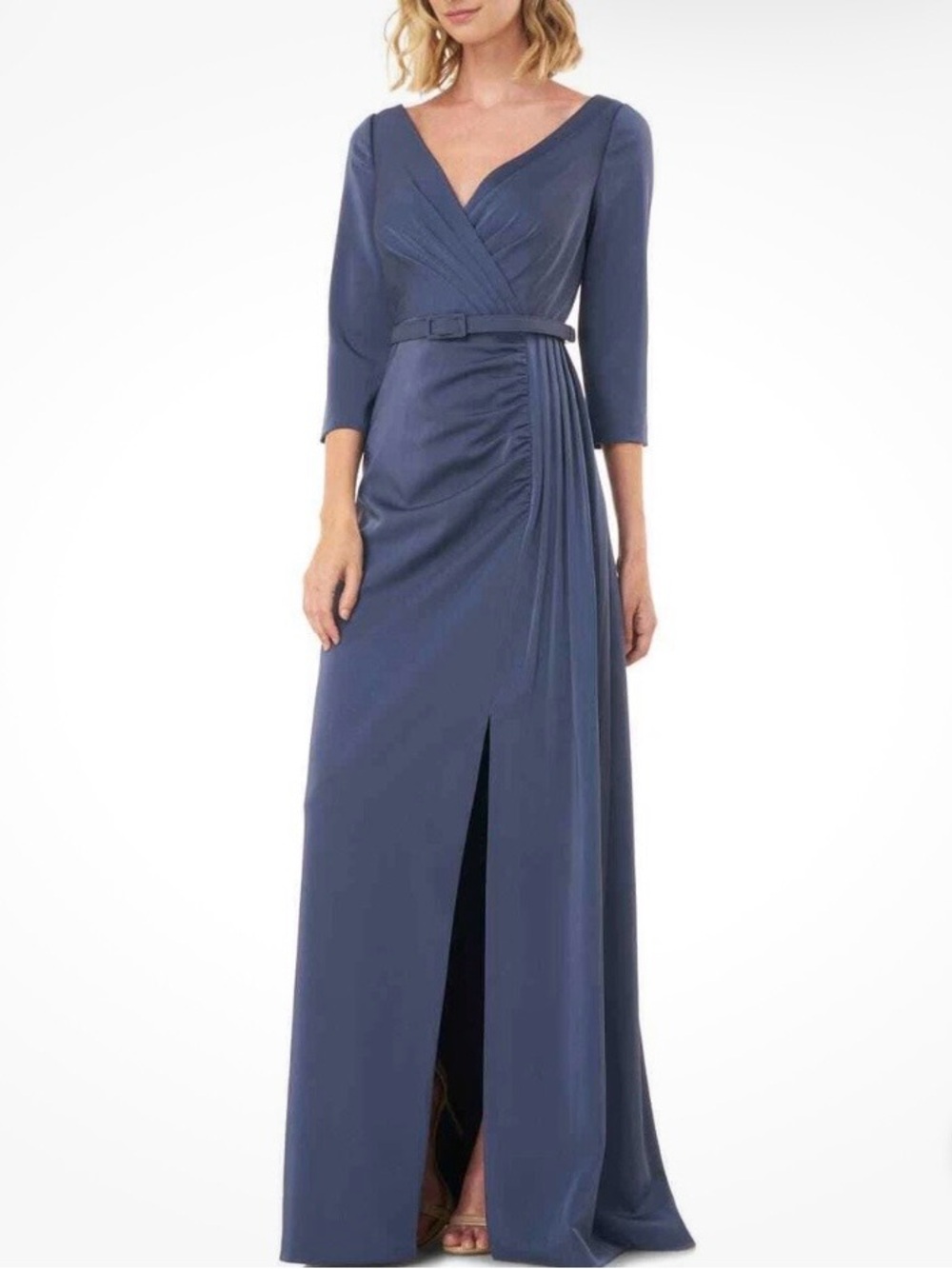 Kay Unger NY Capri Slate Blue V~Neck Belted Stretch Faille Satin Gown Sz 6